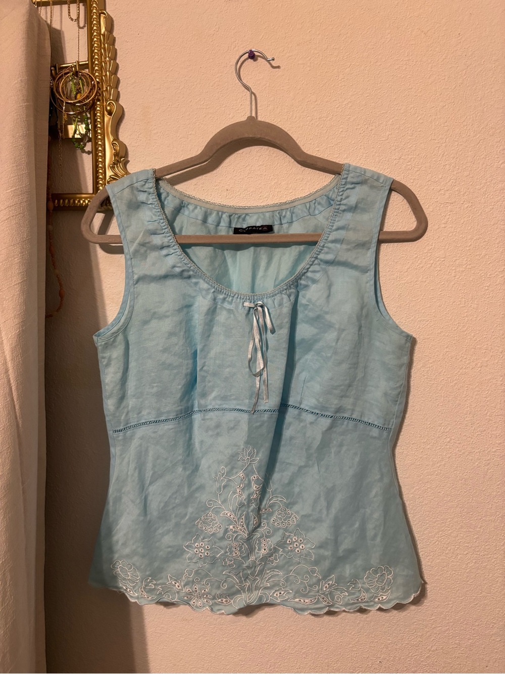 Cliopatra Light Blue Embroidered Linen-Blend Tank